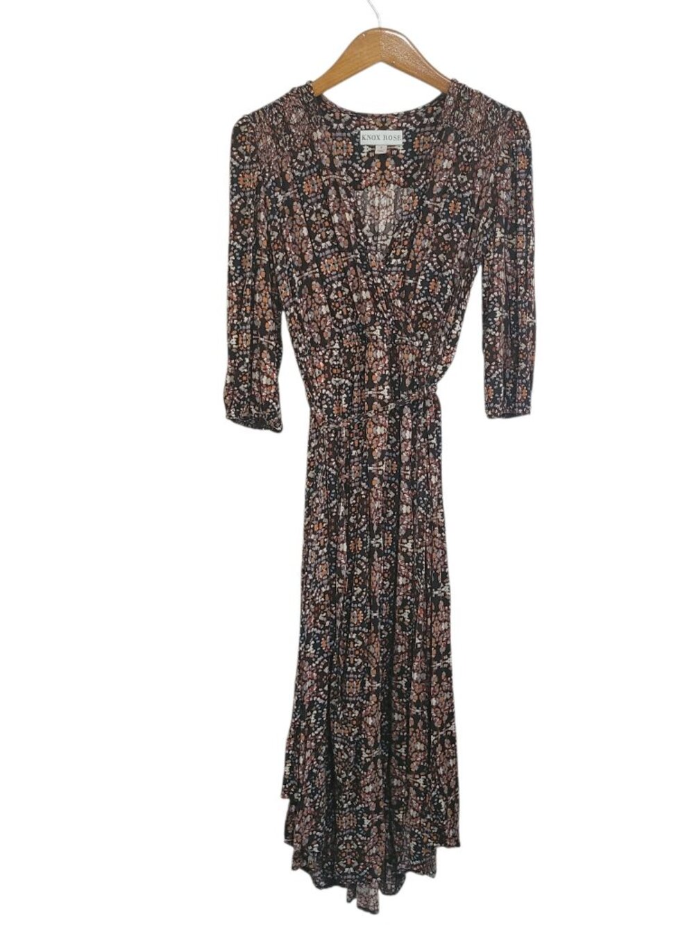 Knox Rose Faux Wrap Maxi Dress Womens Small Black Southwest Geometric Smocked